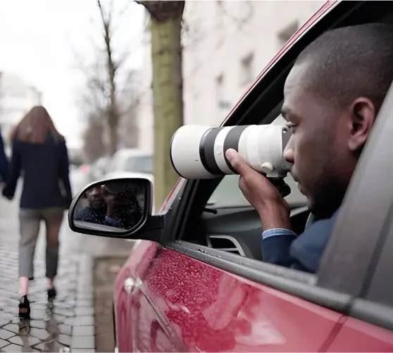 Investigator photographing a subject from a car